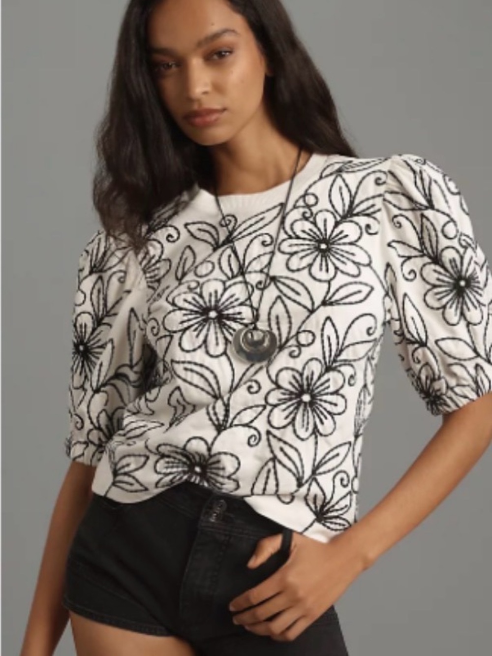 maeve Embroidered Floral Puff-Sleeve Sweatshirt Tee White & Black XL